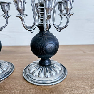 Vtg Set of 2 Candelabra 6 Arm Candle Holders Antiqued Silver Tone & Black Wood Victorian Style