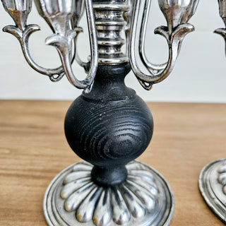 Vtg Set of 2 Candelabra 6 Arm Candle Holders Antiqued Silver Tone & Black Wood Victorian Style