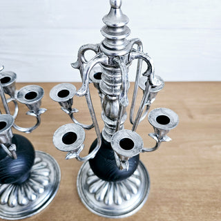 Vtg Set of 2 Candelabra 6 Arm Candle Holders Antiqued Silver Tone & Black Wood Victorian Style