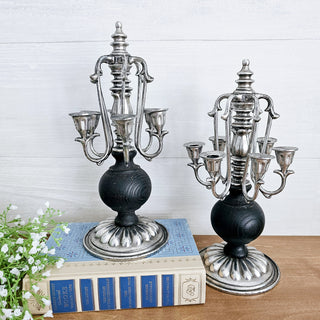 Vtg Set of 2 Candelabra 6 Arm Candle Holders Antiqued Silver Tone & Black Wood Victorian Style