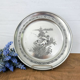 Vintage 95% Zinn Giesser Innung Pewter Wall Plate Deer and Forest Scene