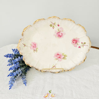 Antique Oval Dresden Germany Semi Porcelain Pink Rose Gold Gilt Edge Platter
