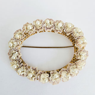 Vintage Large Oval Gold Tone Floral Faux Pearl Brooch