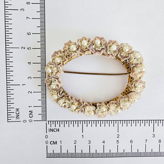 Vintage Large Oval Gold Tone Floral Faux Pearl Brooch