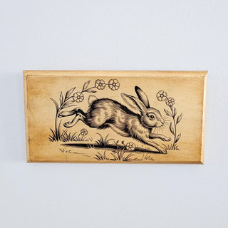 Primitive Vintage Style Floral Leaping Rabbit Gilded Wooden Sign