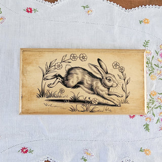 Primitive Vintage Style Floral Leaping Rabbit Gilded Wooden Sign