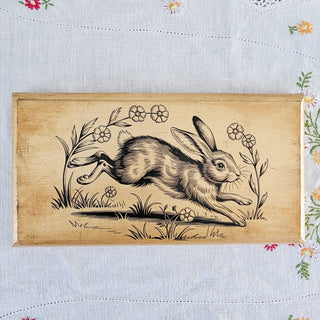 Primitive Vintage Style Floral Leaping Rabbit Gilded Wooden Sign
