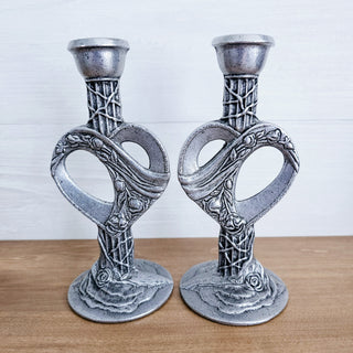 Vintage Set of 2 Cast Aluminum Gothic Style Heart & Rose Candlestick Holders