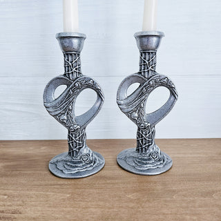 Vintage Set of 2 Cast Aluminum Gothic Style Heart & Rose Candlestick Holders