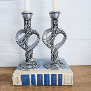 Vintage Set of 2 Cast Aluminum Gothic Style Heart & Rose Candlestick Holders