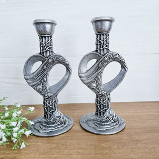 Vintage Set of 2 Cast Aluminum Gothic Style Heart & Rose Candlestick Holders