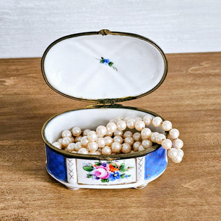 Vintage Porcelain Hand Painted Royal Blue Floral Lidded Jewelry Box