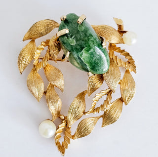 Lisner Gold Tone Brooch With Faux Pearl And Jade Stone