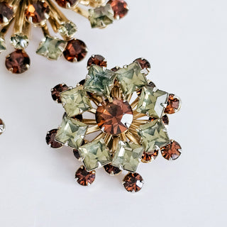 Vintage Gold Tone Dark Amber & Smoky Gray Rhinestone Floral Brooch & Earring Set