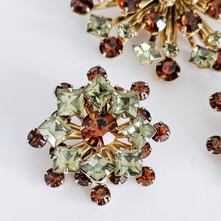 Vintage Gold Tone Dark Amber & Smoky Gray Rhinestone Floral Brooch & Earring Set