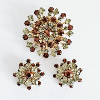 Vintage Gold Tone Dark Amber & Smoky Gray Rhinestone Floral Brooch & Earring Set