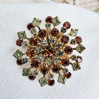 Vintage Gold Tone Dark Amber & Smoky Gray Rhinestone Floral Brooch & Earring Set