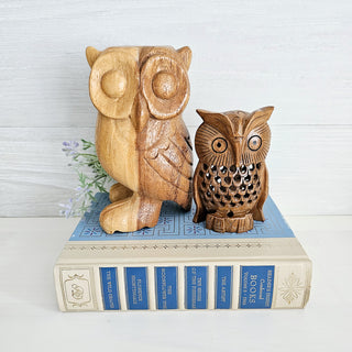 Set Of Two Carved Wooden Owl Figurines