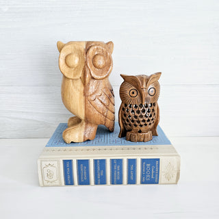 Set Of Two Carved Wooden Owl Figurines