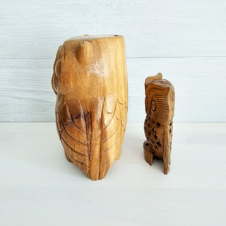 Set Of Two Carved Wooden Owl Figurines