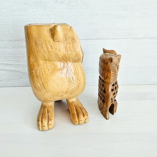 Set Of Two Carved Wooden Owl Figurines