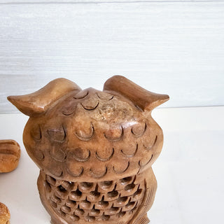 Set Of Two Carved Wooden Owl Figurines