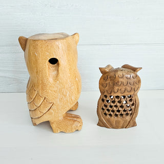 Set Of Two Carved Wooden Owl Figurines