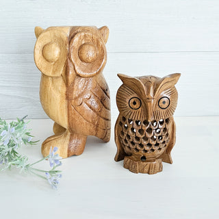 Set Of Two Carved Wooden Owl Figurines