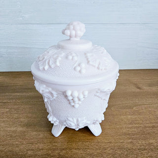 Vintage Jeanette Shell Pink Milk Glass Grape Leaves Footed Candy Dish, Jar With Lid