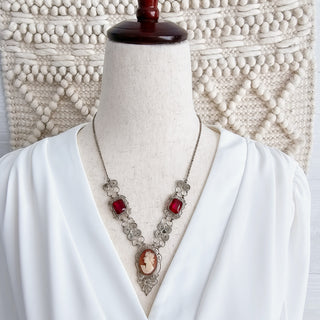 Vintage Silver Tone Filigree Cameo Necklace And Bracelet Set With Red Glass Cabochons