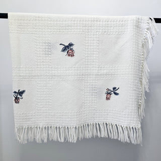 Vintage Afghan Throw Blanket Cross Stitched White With Pink Roses Handmade Needlepoint