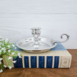 Vintage Shirley Handmade Pewter Candlestick Holder Chamberstick Glossy Finish, Vintage Pewter Decor