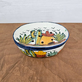 Talavera Vintage Mexican Pottery Oval Soap Dish 2 Pc Removable Drain Top Cactus Desert Landscape