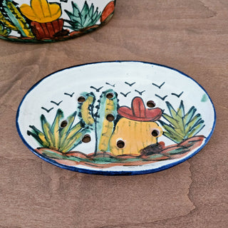 Talavera Vintage Mexican Pottery Oval Soap Dish 2 Pc Removable Drain Top Cactus Desert Landscape