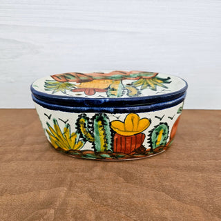 Talavera Vintage Mexican Pottery Oval Soap Dish 2 Pc Removable Drain Top Cactus Desert Landscape