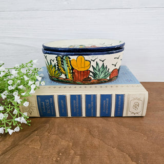 Talavera Vintage Mexican Pottery Oval Soap Dish 2 Pc Removable Drain Top Cactus Desert Landscape