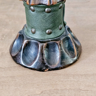 Spanish Carved Wood Leather Wrapped Candle Holder Medieval Brutalist Style