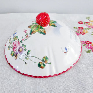 Vintage French Warming Plate Bowl With Lid Nautical Design Strawberry Floral