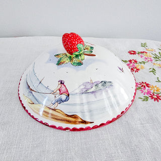 Vintage French Warming Plate Bowl With Lid Nautical Design Strawberry Floral
