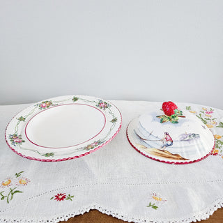 Vintage French Warming Plate Bowl With Lid Nautical Design Strawberry Floral