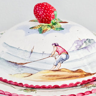 Vintage French Warming Plate Bowl With Lid Nautical Design Strawberry Floral