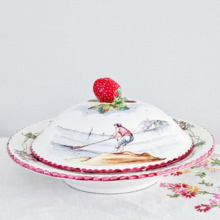 Vintage French Warming Plate Bowl With Lid Nautical Design Strawberry Floral