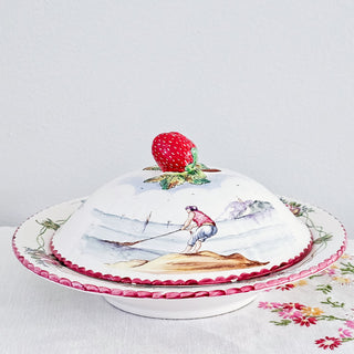 Vintage French Warming Plate Bowl With Lid Nautical Design Strawberry Floral