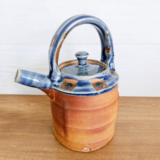 Studio Art Pottery Teapot Kettle Primitive Blue Glaze Stoneware Artist Signed W