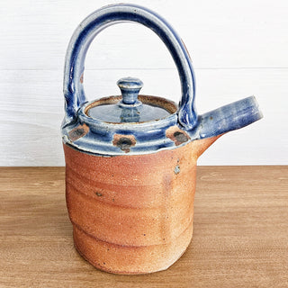 Studio Art Pottery Teapot Kettle Primitive Blue Glaze Stoneware Artist Signed W
