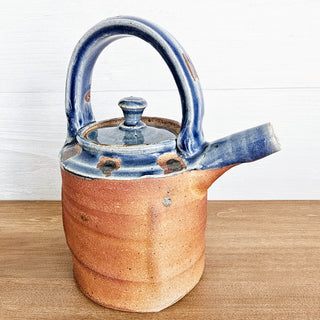 Studio Art Pottery Teapot Kettle Primitive Blue Glaze Stoneware Artist Signed W