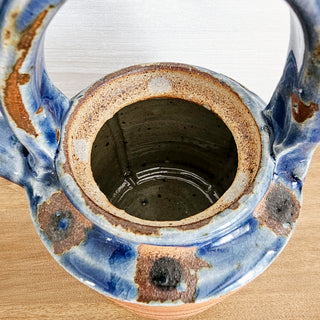 Studio Art Pottery Teapot Kettle Primitive Blue Glaze Stoneware Artist Signed W
