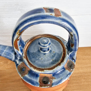 Studio Art Pottery Teapot Kettle Primitive Blue Glaze Stoneware Artist Signed W