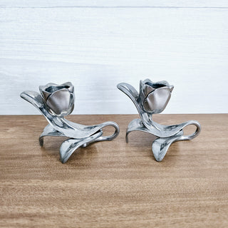 Seagull Pewter Set of 2 Candlestick Holders Floral Tulip Rose