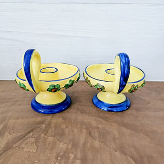 Vintage Erphila Art Pottery Hand Painted Yellow & Blue Candle Holder Set of 2